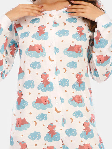 Plus Size Women Cute Cartoon Bear Print Round Neck Long Sleeve Half Button Home Sleepwear Rompers