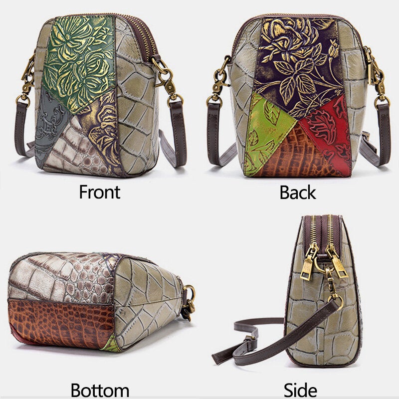 Women Genuine Leather Crossbody Bag Geometric Splicing Multi-pocket Shoulder Messenger Bag