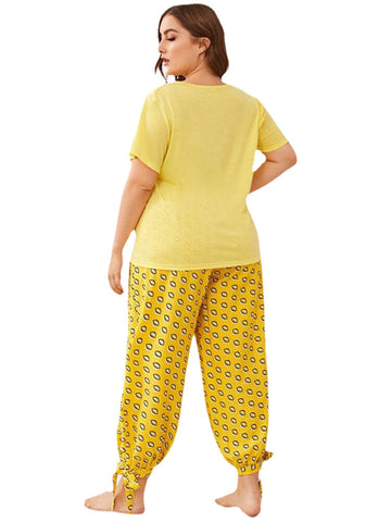 Plus Size Women Solid Color V-Neck Top Print Drawstrig Tie Beam Feet Long Pants Home Pajama Sets