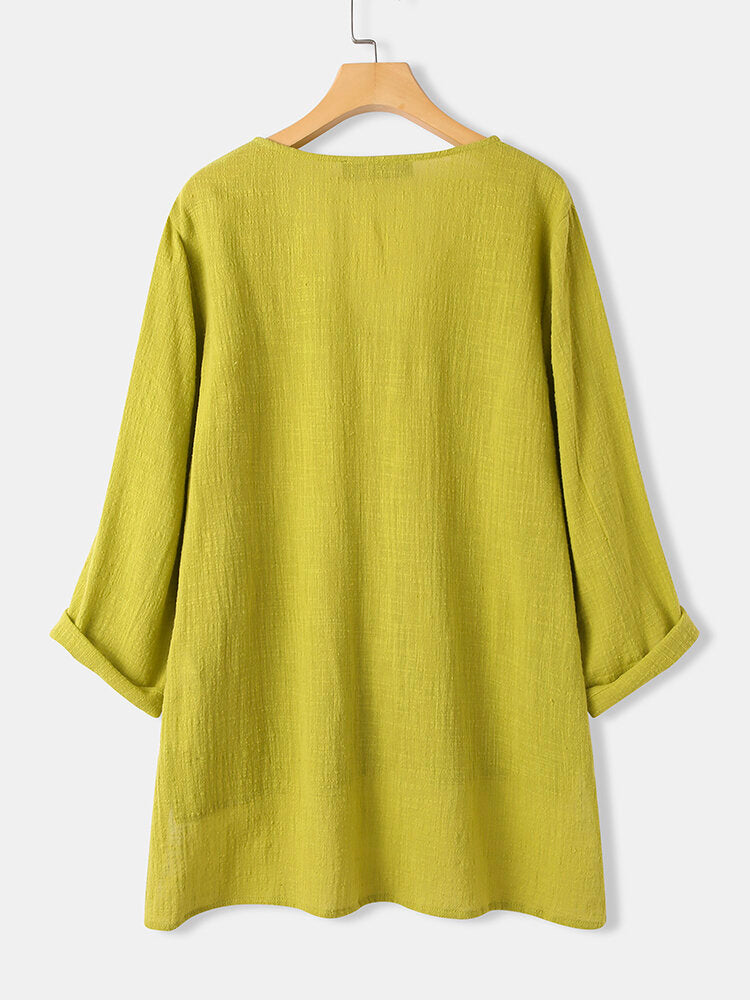 Women V-Neck Solid Color High-LowHem Cozy Casual Blouse