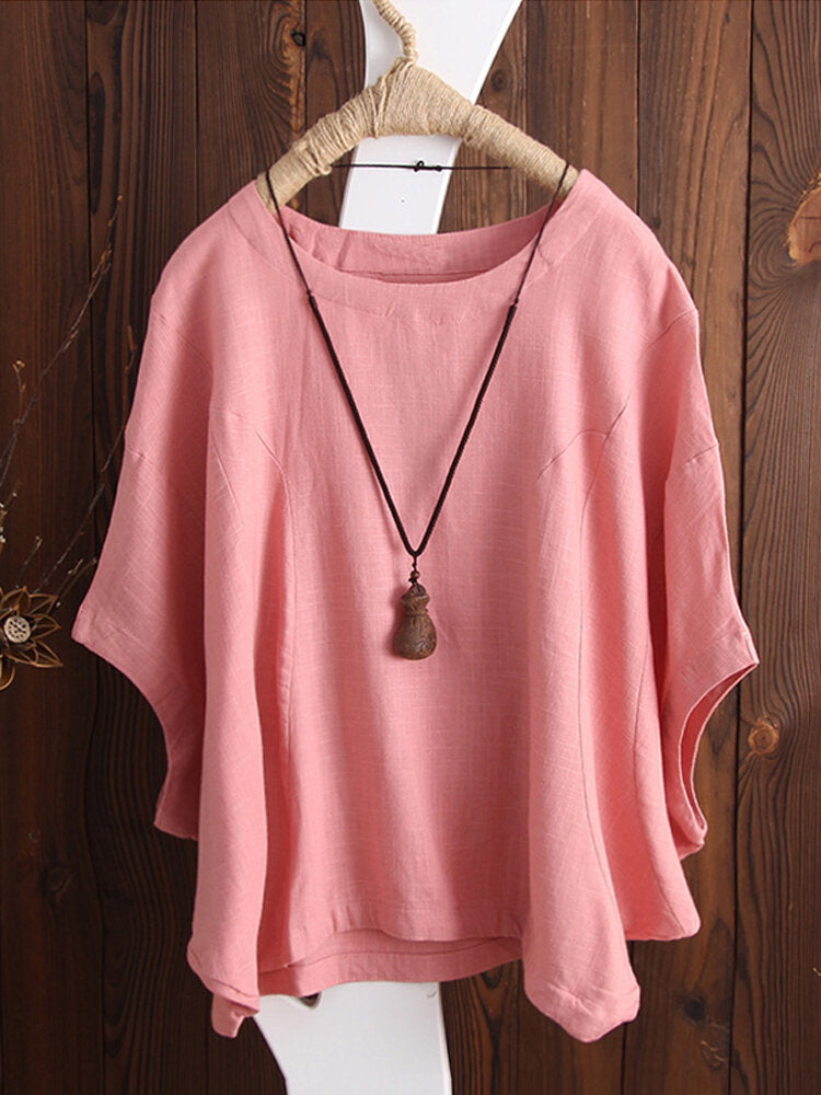 S-5XL Women Batwing Short Sleeve Solid Color Cotton Tee Blouse