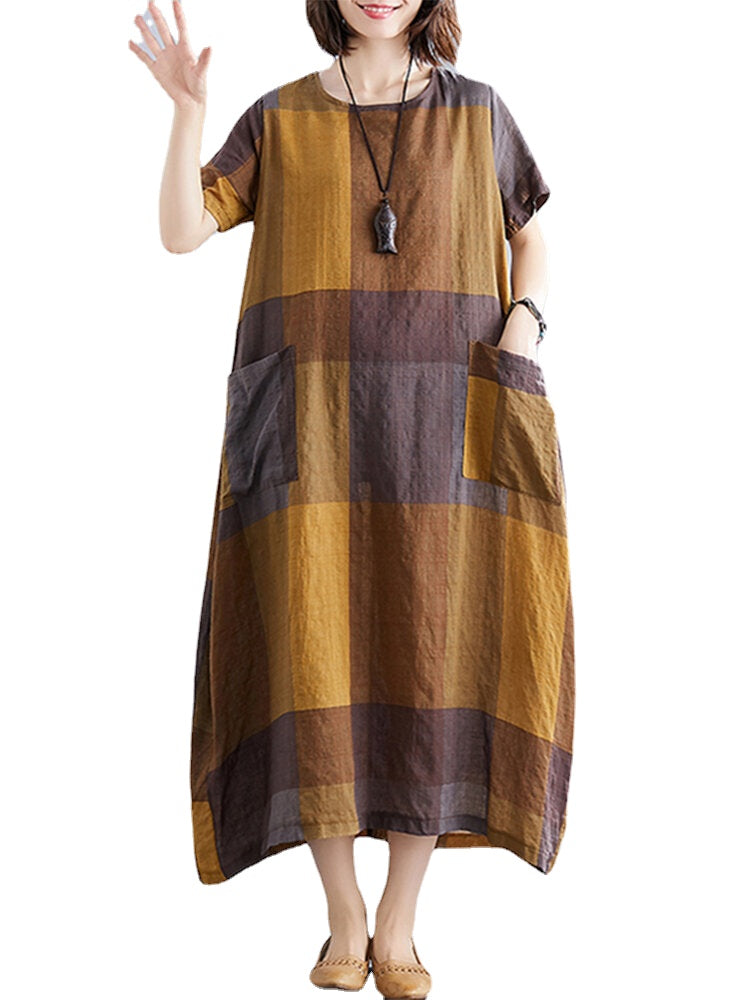 Grid Printed O-neck Front Pocket Short Sleeve Baggy Maxi Dress For Women