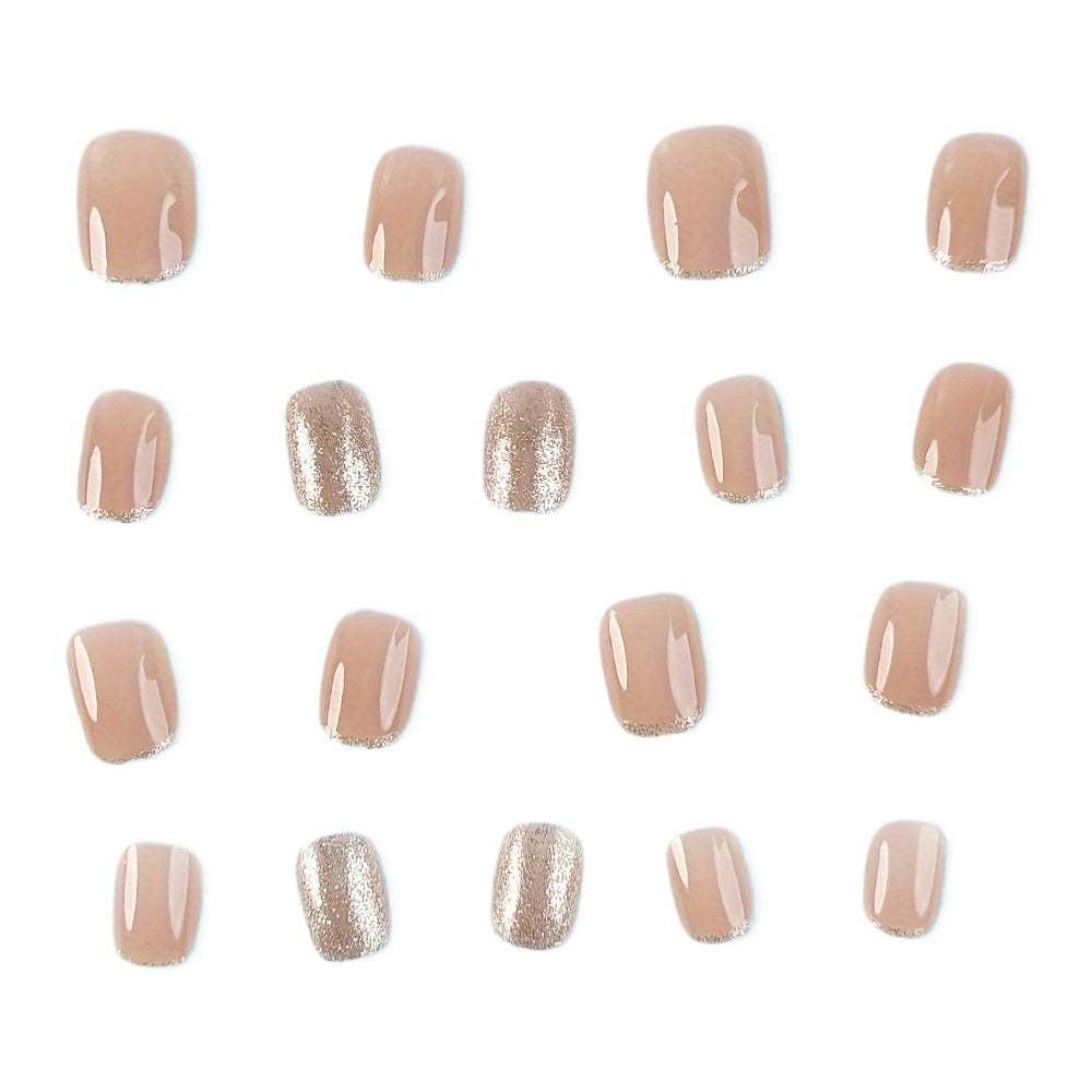 Glamorous Glossy Oval Nude Press-On Nails - 24Pcs Set, Sparkling French Style with Glitter Accent, Durable & Reusable