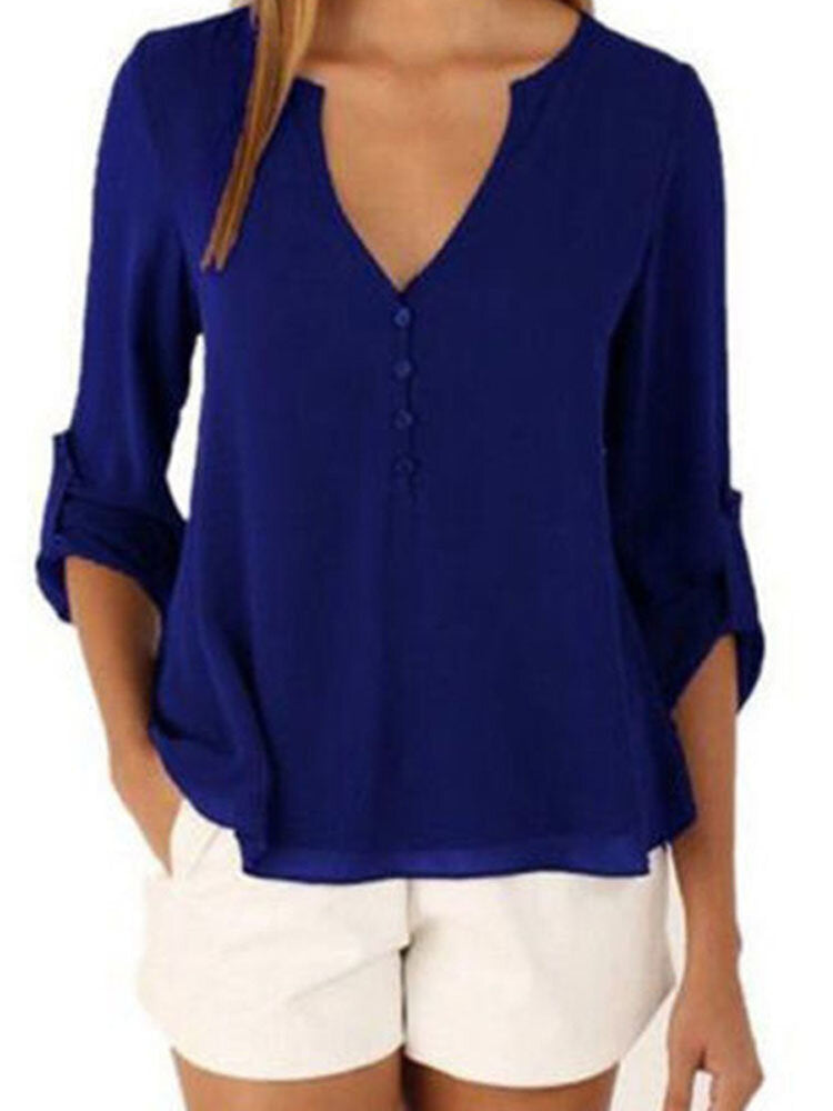 Chiffon Buttons V-Neck Irregular Hem Adjustable Sleeves Solid Causal Blouse