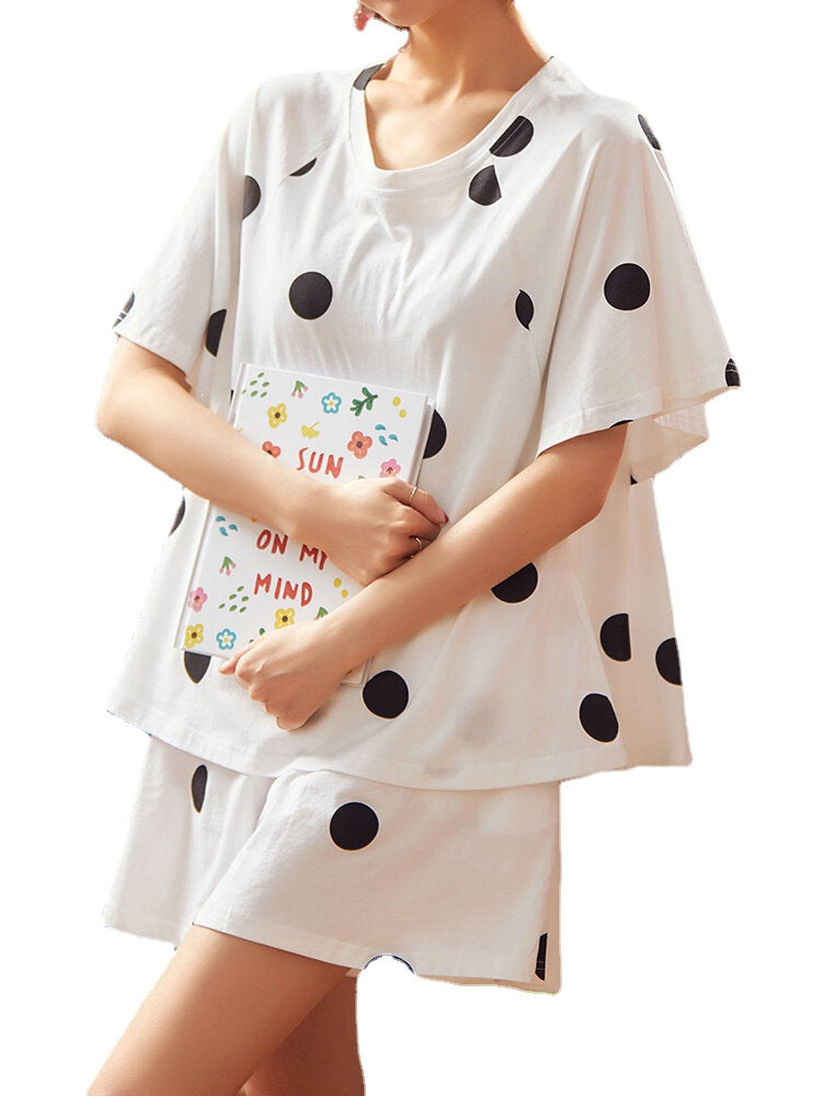 Women Polka Dot Print Round Neck Short Sleeve Shorts Casual Pajama Sets