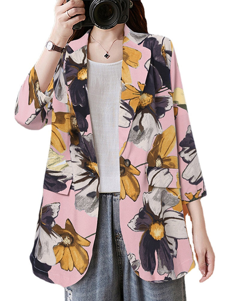 Women Full Sleeve Lapel Floral Bohemian Leisure Retro Thin Suit