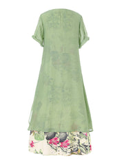 Vintage Short Sleeve O-neck Print Patchwork Pocket Long Maxi Dress For Women