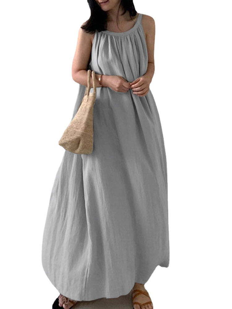 Solid Color Sleeveless Loose Cotton Maxi Dress