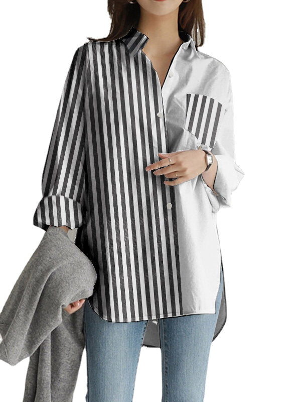 Women Stripes Patchwork High Low Split Hem Casual Long Sleeve Shirts