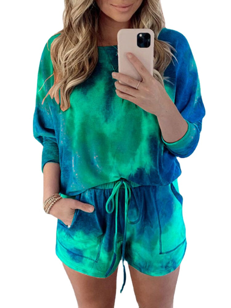 Tie Dye Women Long Sleeve Drawstring Pocket Shorts Casual Home Two-piece Set