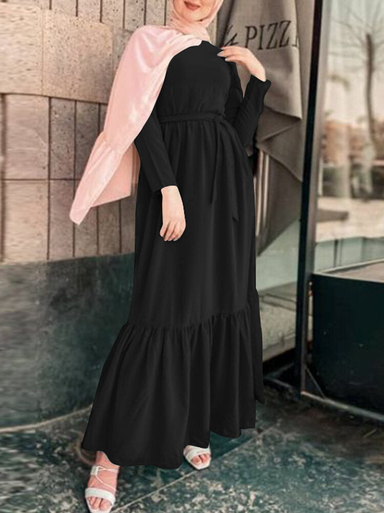 Women Vintage Pleated Spliced Belted Loose Long Sleeve Tunic Casual Maxi Dress
