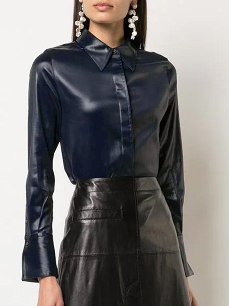 Women Fashion Wild Leather Pure Color Thin Lapel Blouse