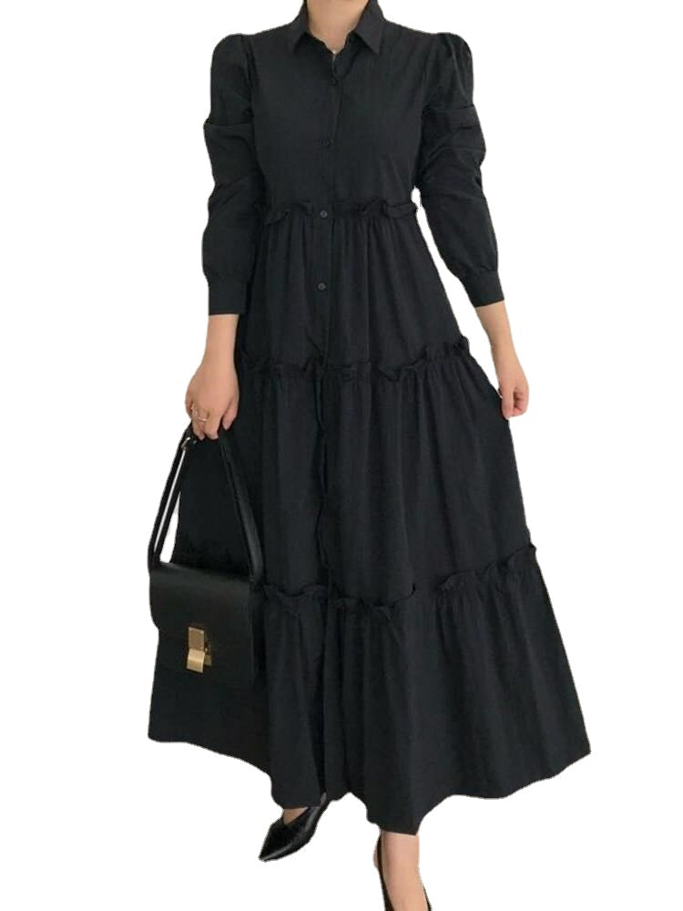 Women Solid Color Puff Sleeve Loose Layered Pleated Lapel Maxi Dress