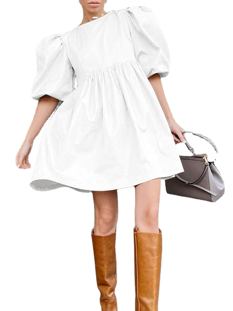 Puff Sleeve Solid European Casual Style Dress For Women