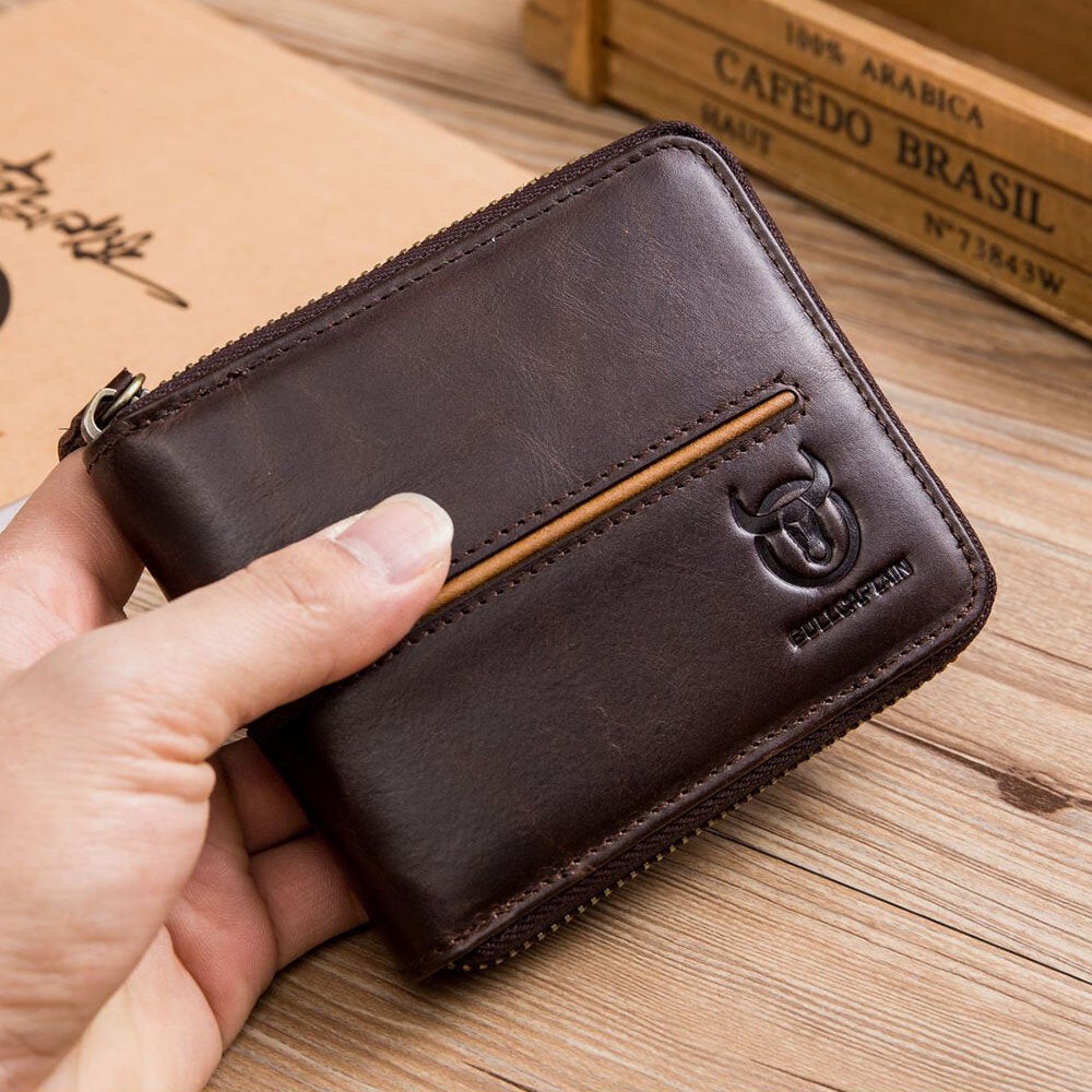 Men Genuine Leather Thick Wallet Multi-Card Card Holder Zipper