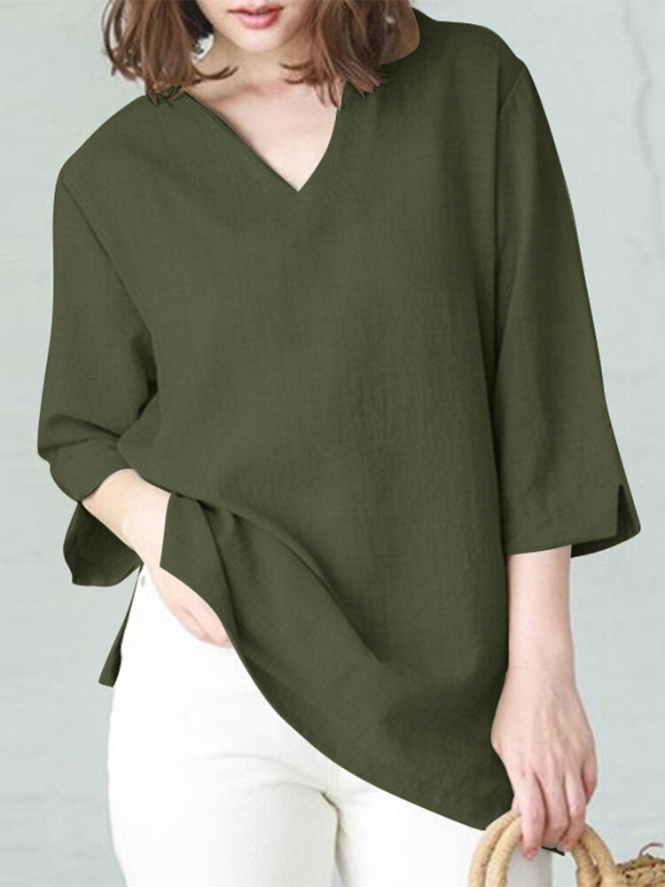 Solid Split V Neck Cotton Casual Blouse