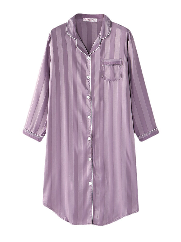 Women Silk Vertical Stripes Chest Pocket Long Sleeve Shirt Nightdress