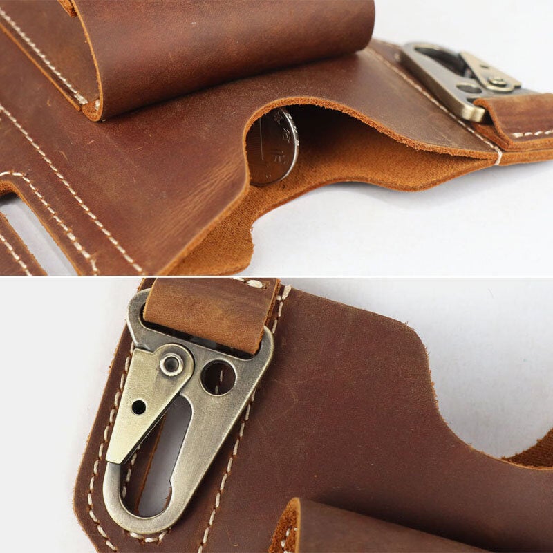 Men Genuine Leather Multifunction Keychain Sport Waist Bag Retro 6.5 Inch Phone Waterproof Belt