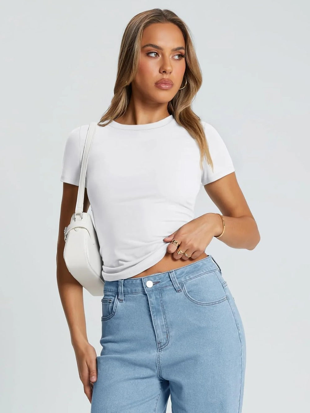 Womens Basic Short Sleeve Slim Fit T Shirts Soft Crewneck Crop Tee Summer Cute Gym Fashion Clothes