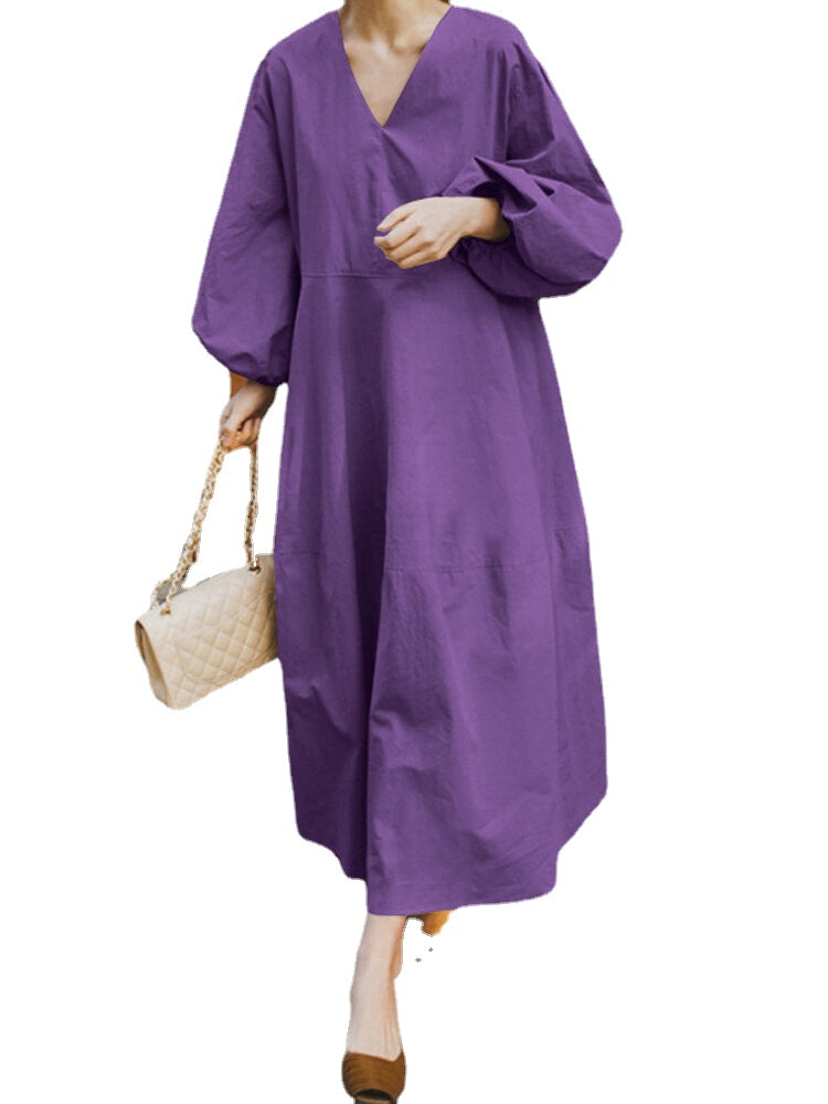 Women Solid V-neck Puff Sleeve Loose Plain Casual Maxi Dress With Pocket