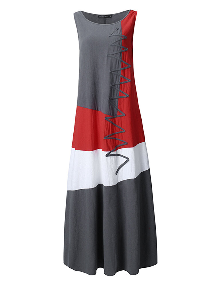 Sleeveless Patchwork O-neck Side Pocket Casual Long Maxi Dress