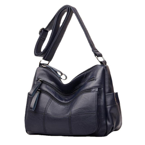 Women Solid Multi-Slot Soft Leather Crossbody Bag Leisure Stitching Messenger Bag