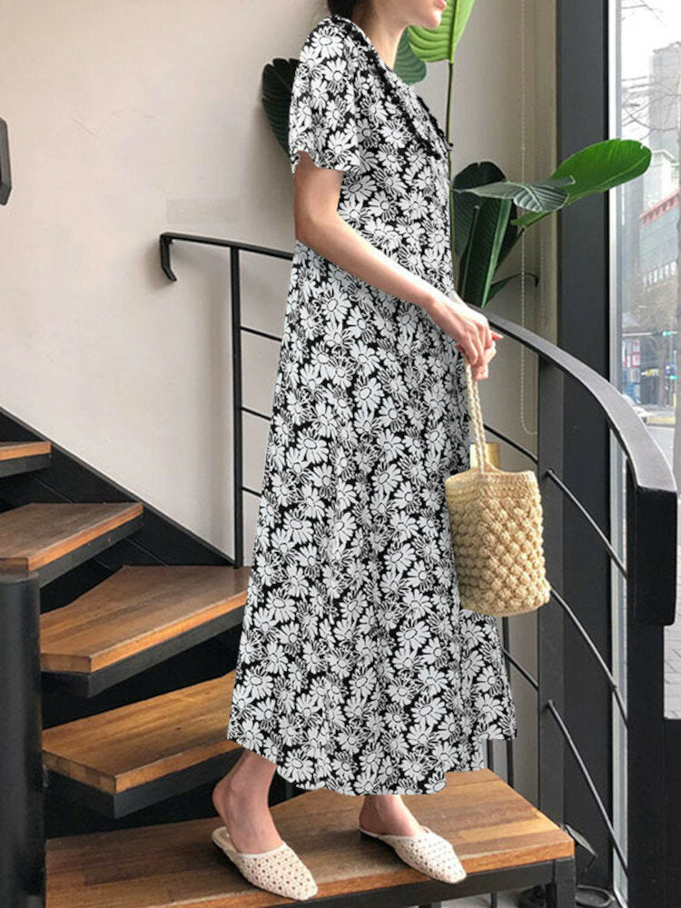 Leisure Short Sleeve Lapel Floral Loose Maxi Dress For Women