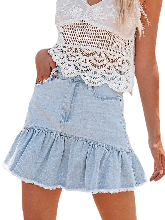 Women's Skirt Above Knee Denim Light Blue Skirts Summer Ruffle Pocket Fashion Casual Daily Weekend