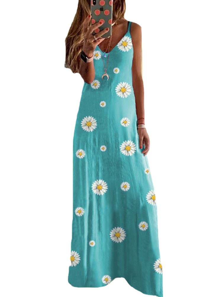 Women Summer Daisy Print Sleeveless Sling Holiday Maxi Dress