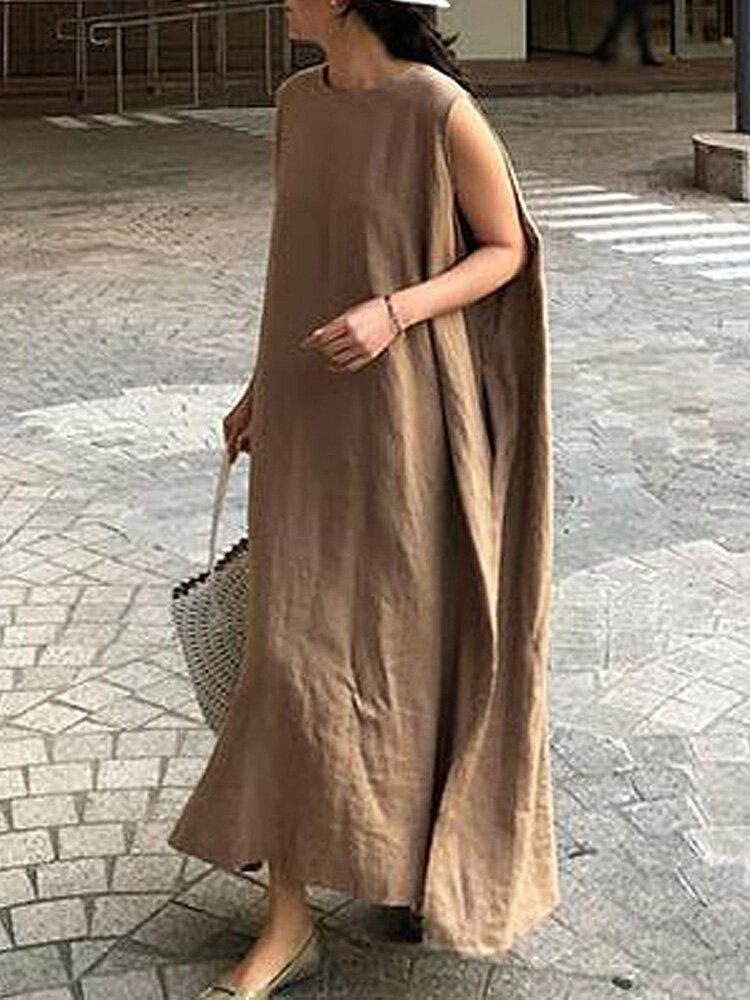 Women Solid Color Round Neck Sleeveless Loose Maxi Dresses