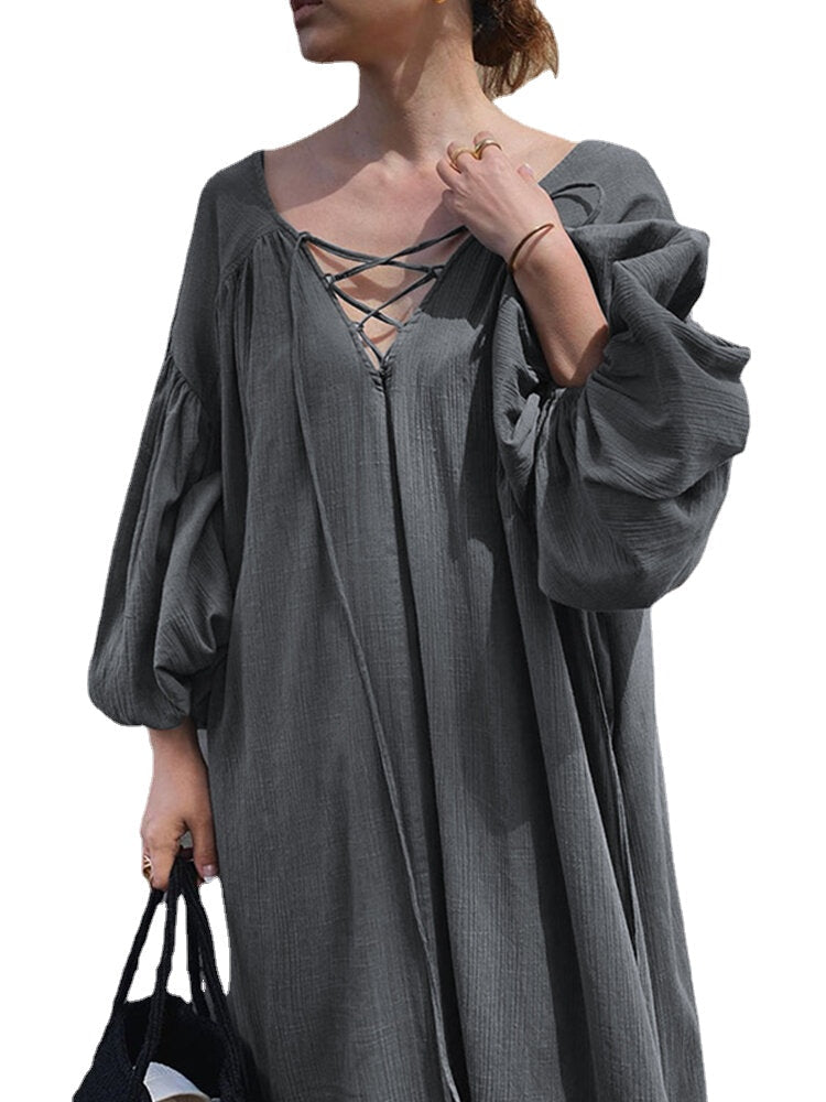 Women Solid Color V-Neck Tie Bubble Sleeves Pleated A-line Maxi Dresses