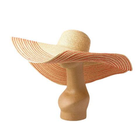 Woman Handmade Wild Brim Visor Color Stripe Vacation Beach Sun Hat Natural Raffia Rolled-up Brim Straw Hat