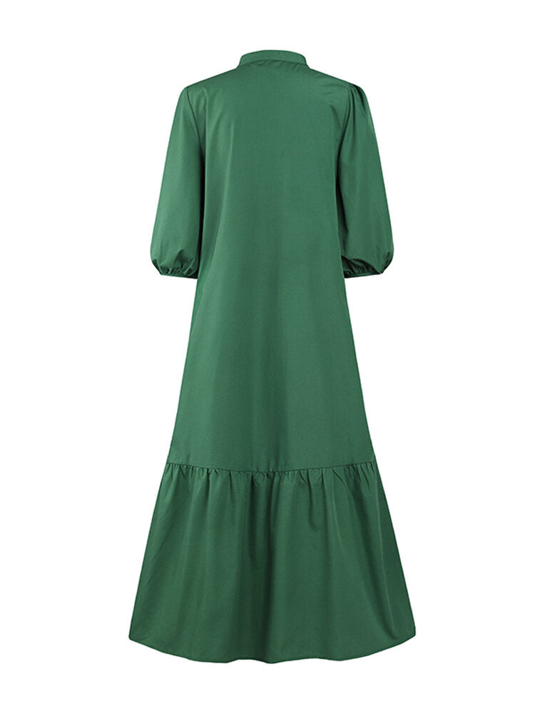 Women Solid Color Button Down Front 3/4 Sleeve Maxi Dresses