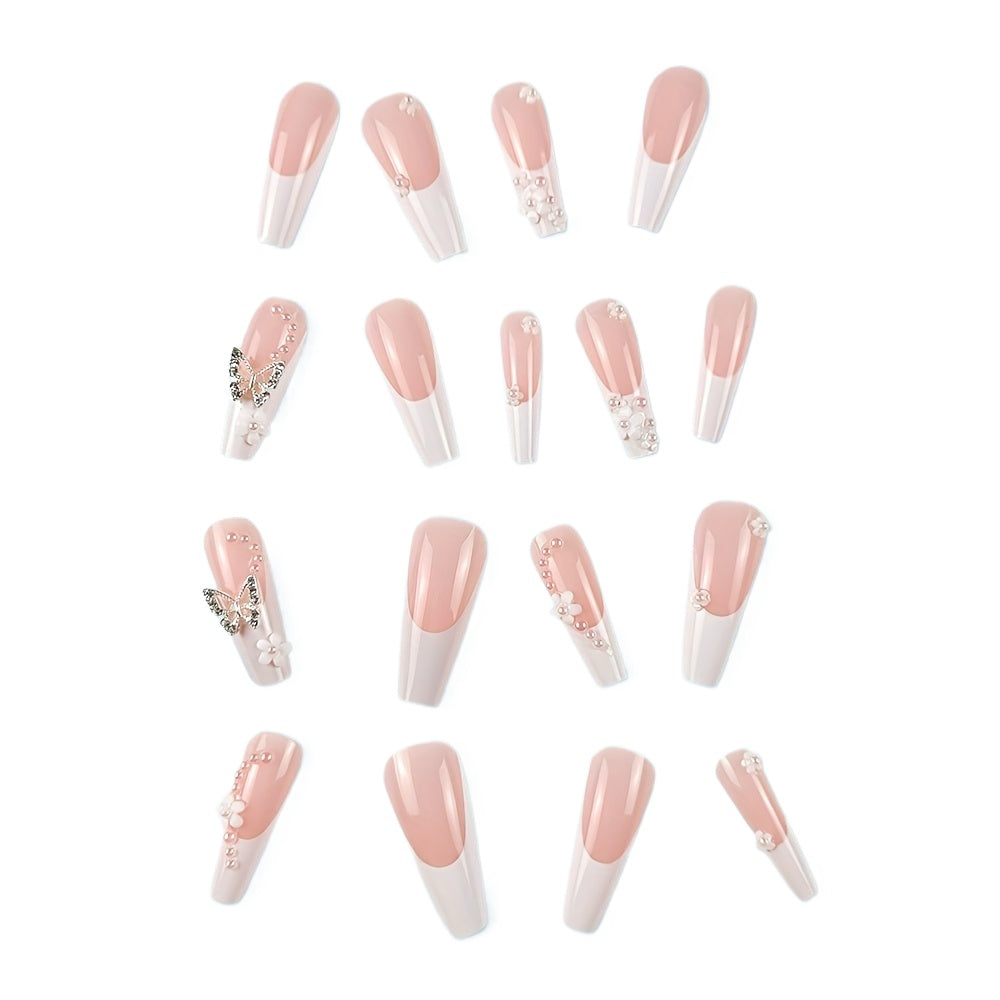 24 Pcs Glossy Long Coffin Press On Nails - Pink & White French Style with 3D Flower, Butterfly, Rhinestone, Glitter
