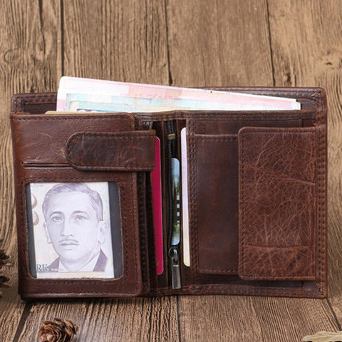 Men Genuine Leather Vintage Tri-fold Wallet 12 Card Slots Short Slim