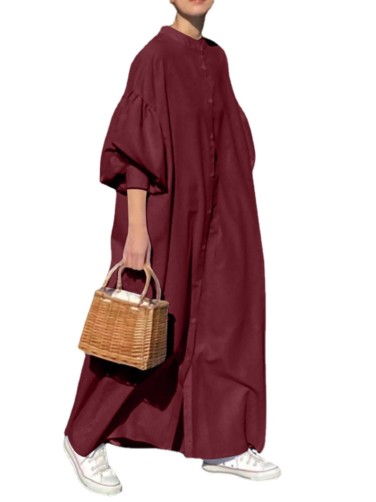 Solid Button Stand Collar Lantern Sleeve Maxi Shirt Dress