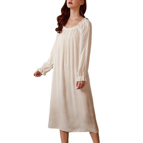 Women's Pajamas Nightgown Nighty 1 PCS Pure Color Simple Comfort Sweet Home Party Daily Bamboo Gift Square Neck Long Sleeve Basic Fall Spring White