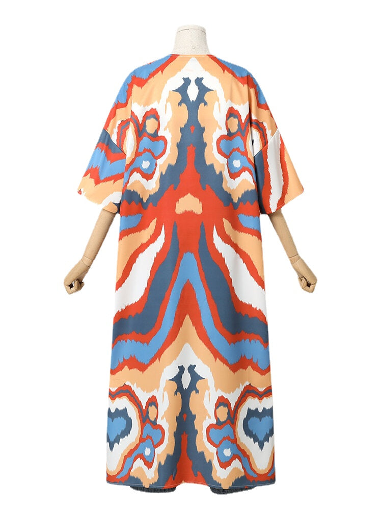 Printing Open Front 3/4 Sleeve Loose Cardigan For Women