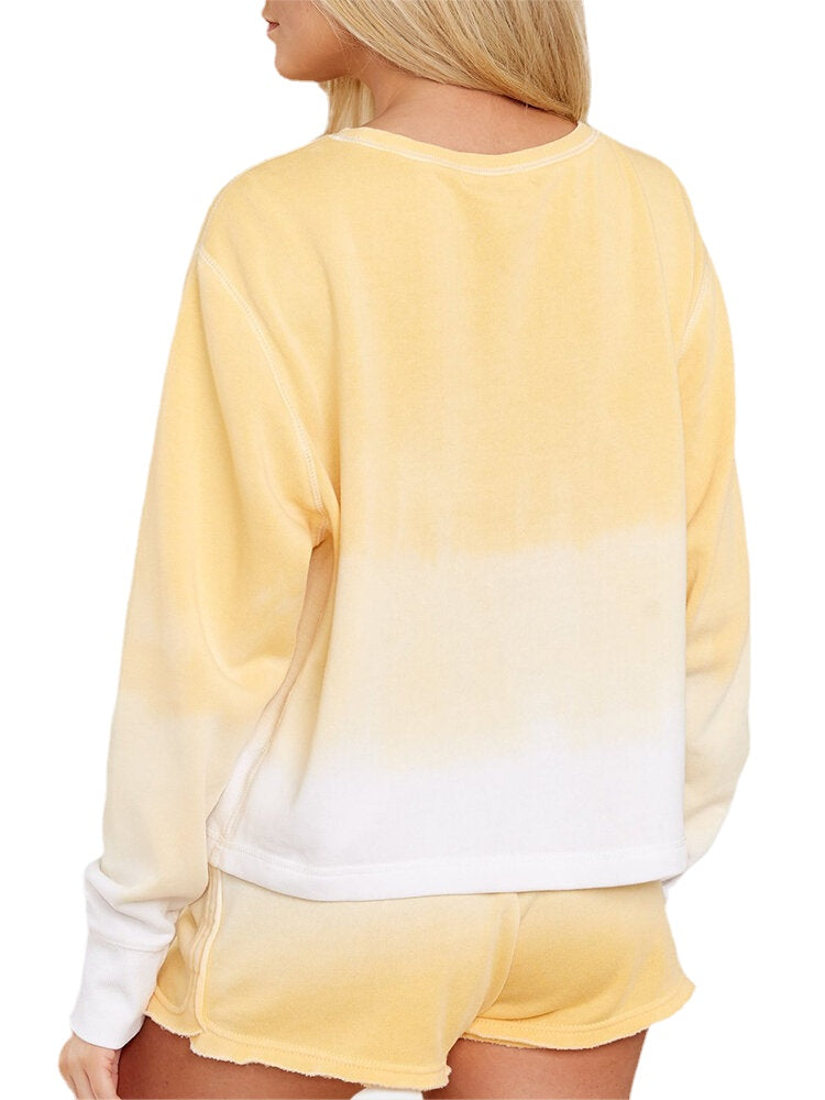 Women Yellow Gradient Round Neck Long Sleeve Drawstring Home Two-Piece Set