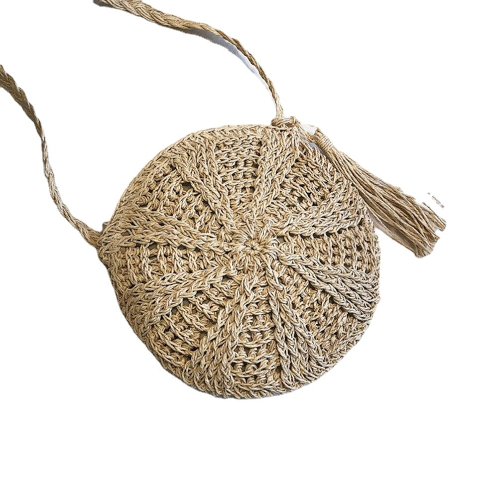 Round Lady Handmade Knitted Woven Rattan Bags Straw Messenger National Handbags