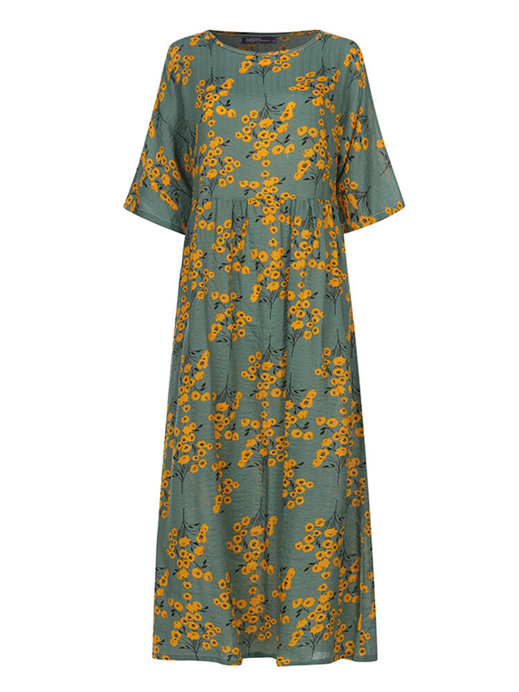 Women 3/4 Sleeve O-neck Floral Maxi Dress