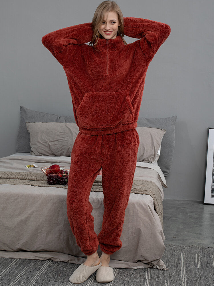Women Solid Color Plush Fluffy Kangaroo Pocket Pullover Jogger Pants Home Pajama Set