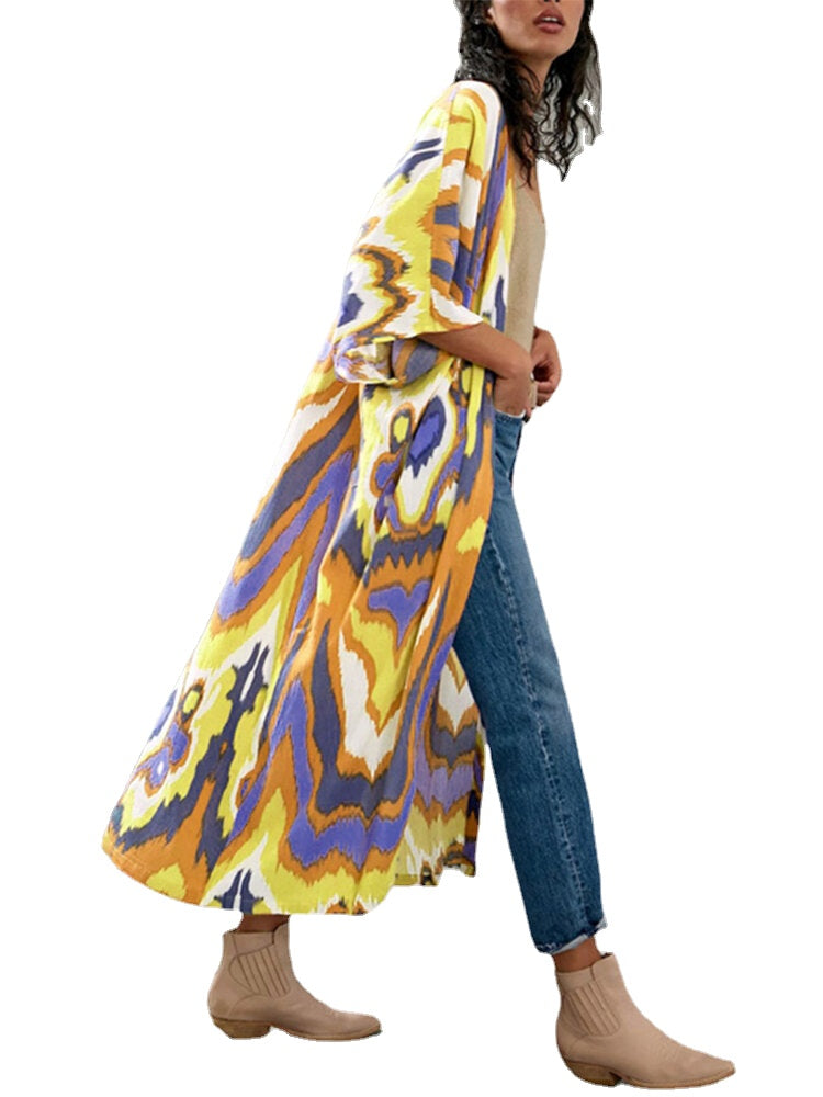 Printing Open Front 3/4 Sleeve Loose Cardigan For Women