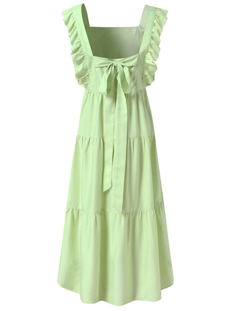 Vacation Solid Color Square Collar Sleeveless Ruffled Layered Stitching A-line Dress