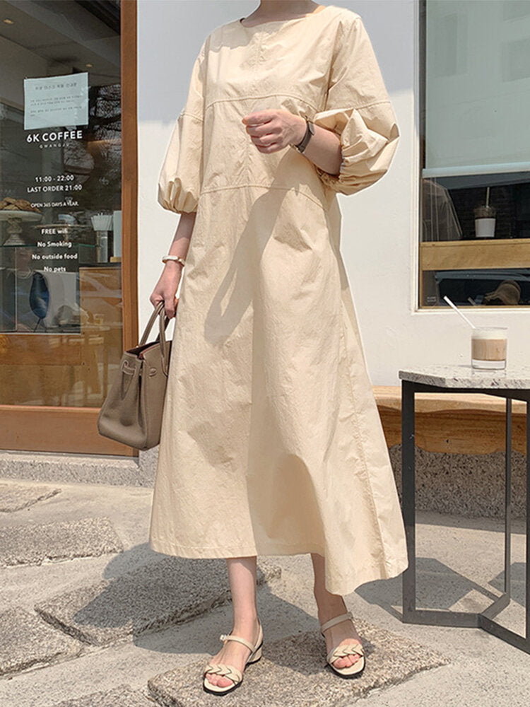 Women Solid Color O-Neck Puff Sleeves Swing Casual Maxi Dress