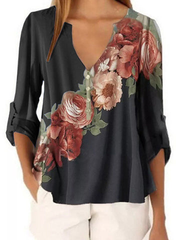 Women Flowers Print Patchwork V-Neck Button Casual Plus Size Blouse
