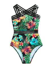 Tropical Plants Print Striped Mesh Slimming One Piece Women Hawaii Swimsuit