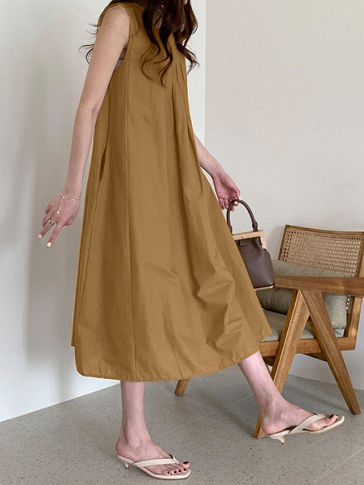 Women Solid O-Neck Sleeveless Bohemian Leisure Dress With Side Pockets