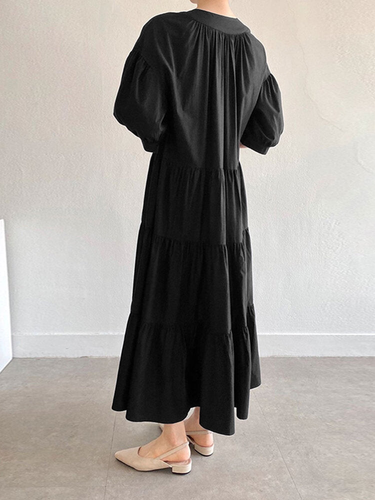 Solid Button Half Sleeve V-neck Loose Casual Maxi Dress