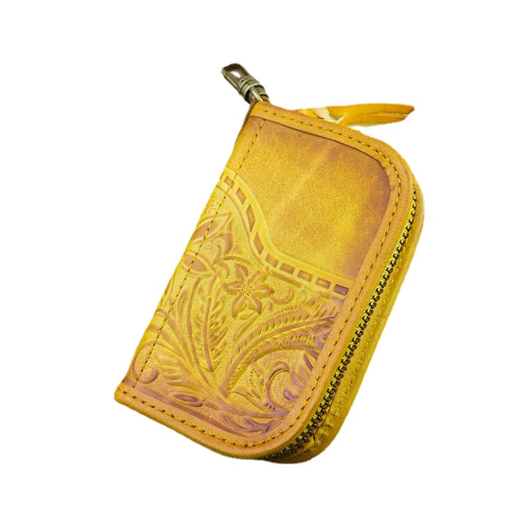 Men Genuine Leather Vintage Printed Car Key Bag Wallet